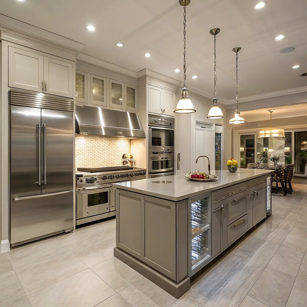 Contemporary kitchen with stainless steel appliances and island